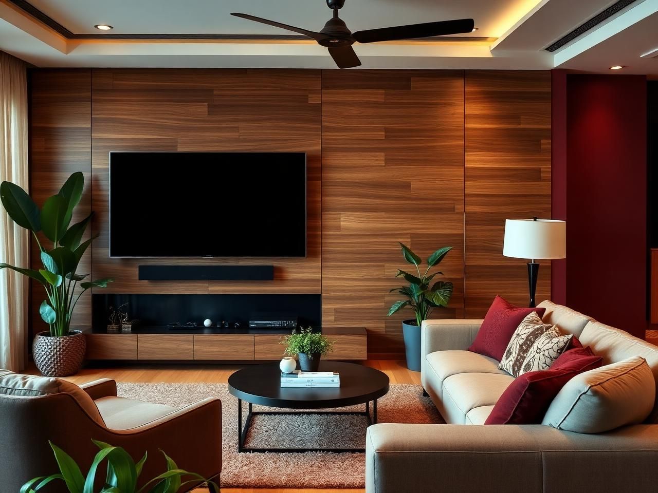 Sala de estar com painel de madeira, TV e sofá aconchegante