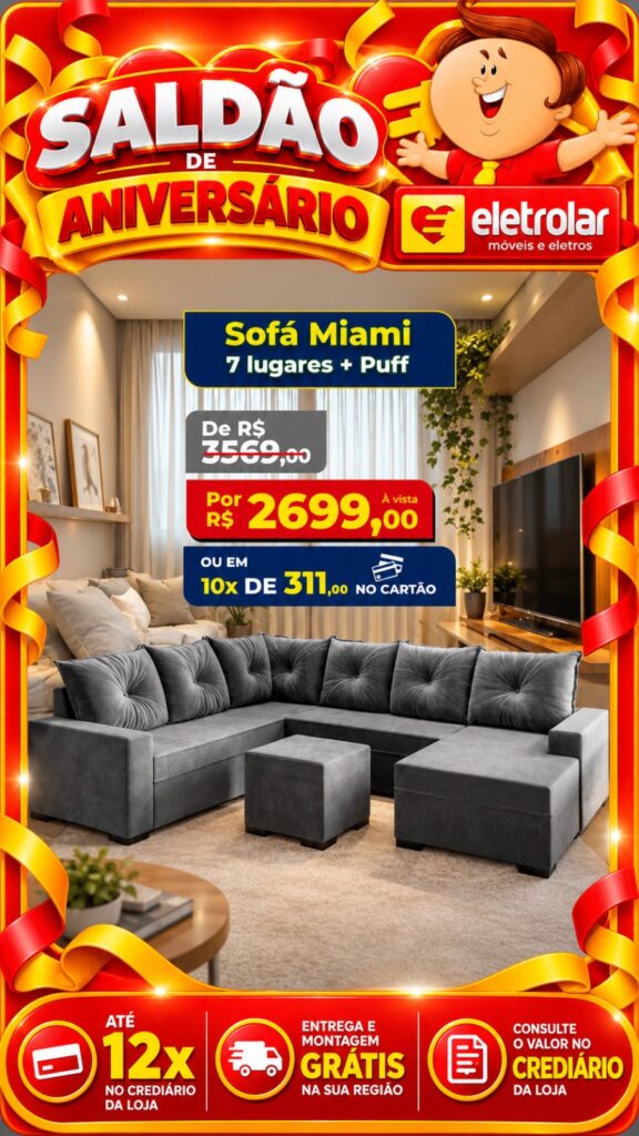 Sofá Miami 7 lugares + Puff - Saldão de Aniversário Eletrolar